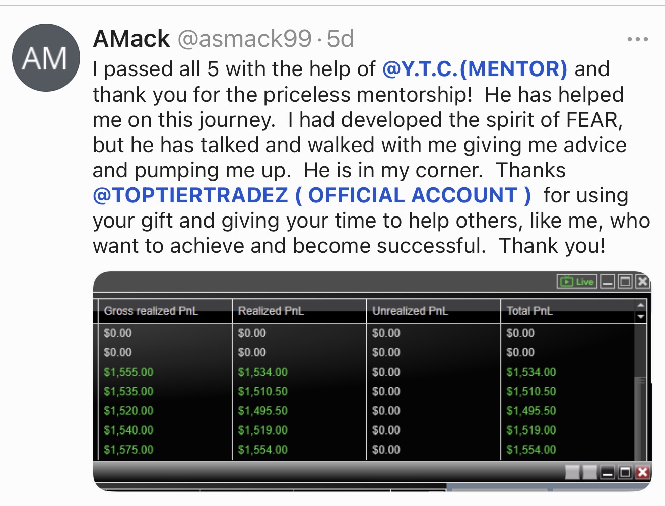 Trading testimony and PnL results